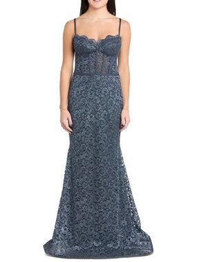 Morgan & Co Navy Lace Corset Maxi Dress Elegant Formal
